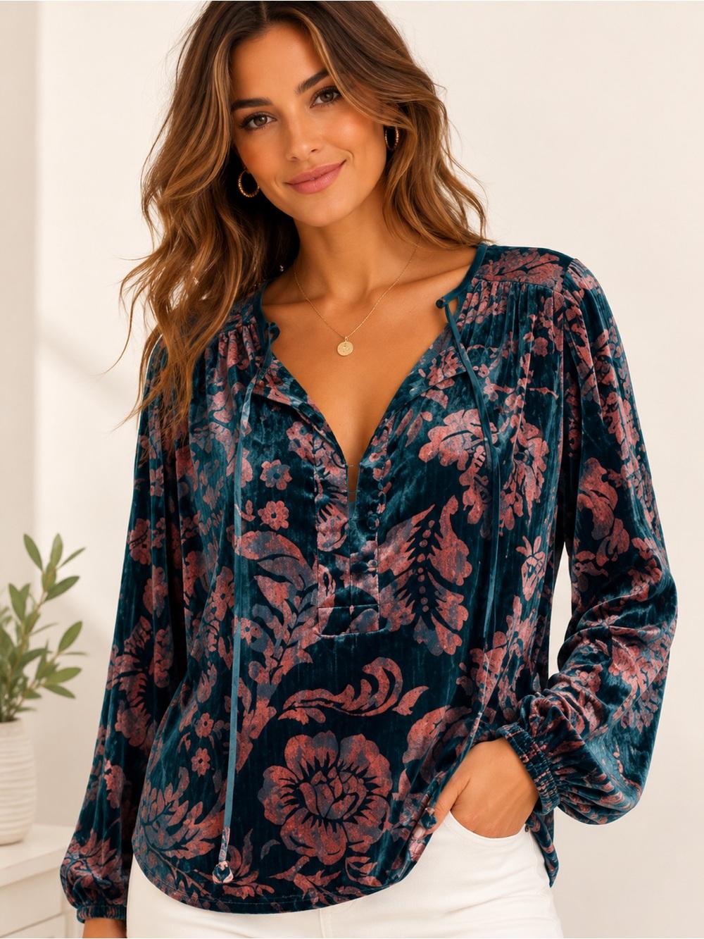 Anthropologie Velvet Burnout Blouse – Boho Romantic Top, Teal With Pink, Shiny